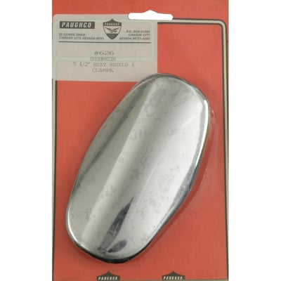 Custom oval chrome heatshield. Dimensions: 3.1" high x 5.5" long. Incl. mounting clamps.
