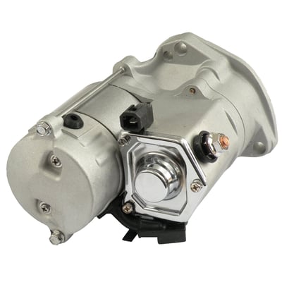 In a clear aluminum finish. Comes in 1.4 kW which is identical to standard, so it's compatible with the stock battery. Comes with gear reduction system which will allow this starter to turn-over and start engines your stock starter is not able to.