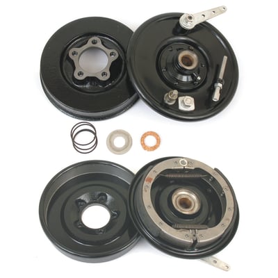 Complete reproduction style front brake drum kit with brake shoes and linings installed. Black painted with black parkerized details. 
