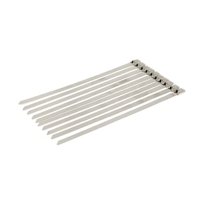 Low profile 304 stainless steel cable-ties to secure exhaust wrap ends. 7.9mm wide. 8" long is okay for up to 2" diameter pipes.