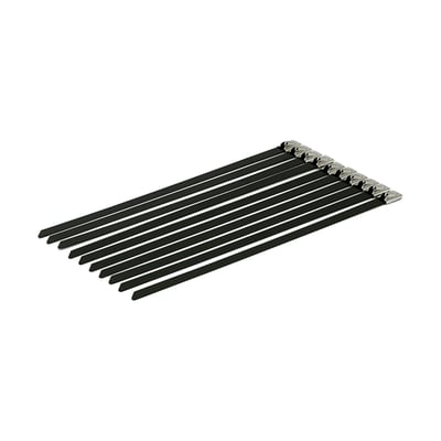 Low profile 304 stainless steel cable-ties to secure exhaust wrap ends. 7.9mm wide. 8" long is okay for up to 2" diameter pipes.