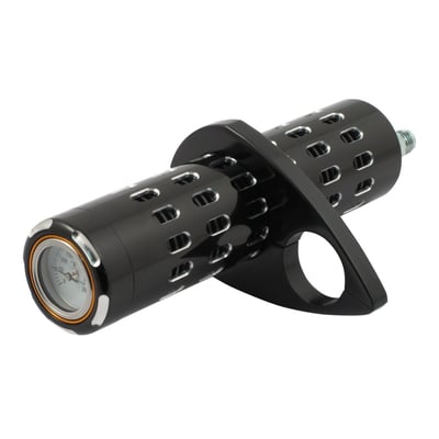 Black anodized. With 1 clamp. Billet aluminum oil cooler with a built-in gauge. Includes a #6 AN fitting. Clamps to frame tubes of 1", 1-1/8", 1-1/4" and 1 1/2" diameter. Filler sleeves included to compensate for the mentioned frame tube diameters. Will work in many stock or custom applications. Approx. dimensions: 22cm long x 5.6cm diameter.