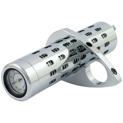 Chrome. With 1 clamp. Billet aluminum oil cooler with a built-in gauge. Includes a #6 AN fitting. Clamps to frame tubes of 1", 1-1/8", 1-1/4" and 1 1/2" diameter. Filler sleeves included to compensate for the mentioned frame tube diameters. Will work in many stock or custom applications. Approx. dimensions: 22cm long x 5.6cm diameter.