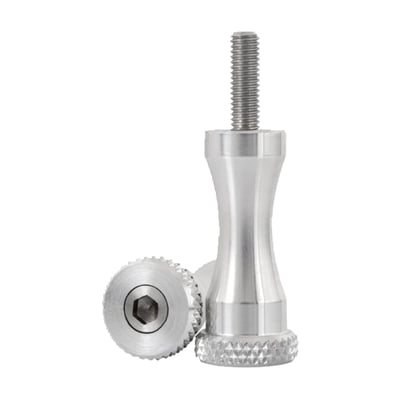 Polished. Precision CNC machined from aviation grade billet 6061 T6 aluminum. This is the regular (45mm without thread) version with integrated stainless hex head (allen head) bolt so it can be torqued with allen key when required as well. With knurled sides for tool-less turning.