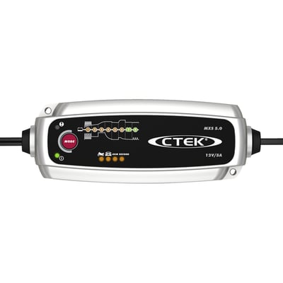 EU wall plug. 5.0A 12V charger. For 1.2Ah to 110Ah lead-acid (AGM, GEL, EFB, MF, CaCa) batteries.  The MXS 5.0 is an advanced microprocessor controlled battery charger which gives unrivalled performance for lead acid batteries from 1.2-110Ah. It comes with automatic temperature compensation built in which ensures the best charging performance, even in the most extreme conditions. The MXS 5.0 also includes battery diagnosis to establish whether your battery can receive and retain a charge, patented automatic desulphation program, an AGM option which maximises the performance life of most Stop/Start batteries and a special Recond mode for reconditioning deeply discharged batteries. The MXS 5.0 uses CTEK’s patented float/pulse system, which is the most efficient maintenance mode when a battery is connected for long periods. 
- 12V. 
- 5.0A. 
- Lead-acid batteries. 
- Reconditioning mode. 
- Easy to read LED display. 
- Safe spark free operation. 
- Reverse polarity protected. 
- Short circuit proof. 
- Splash and dust proof (IP65).