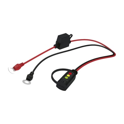 'The INDICATOR – Eyelet connector'. 50cm long wiring. Used to quick-connect the charger to the battery. It comes with two 6.4mm diameter eyelets that are permanently connected to the battery. The other end comes with the standard CTEK 'Comfort Connect' connector equipped with a 'traffic light' LED indicator system to provide you with a quick battery status indication. When the time comes to charge, just plug the charger in!