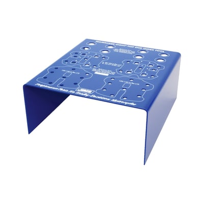 For rocker box covers, rocker support plates and cylinder heads hardware. When a bike is taken apart there are a lot of screws, nuts and bolts that need to be efficiently stored. This JIMS organizer stand take care of this tedious job with 100% efficiency with clearly marked silk screened hardware positions. Manufactured from 13-gauge aluminum/magnesium alloy sheet with the JIMS blue powder coated finish. 
Note: The complete 4-piece set (available as 906347) can be nested for efficient storage when not in use. 
Note: For individual organizer stands see 906431 top end, 906342 cam chest, 906343 primary, and 906344 transmission.
