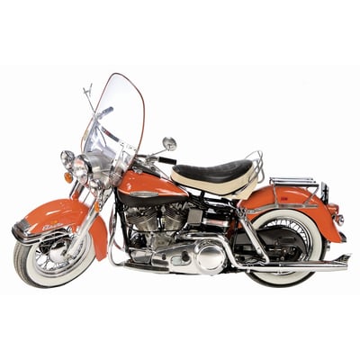 S-pipe. Stock 1-3/4" diameter crossover headpipes that are not connected to each other. Re-use stock hardware. Incl. Paughco 725L clamp. Swingarm frames. Kick & e-start. Heatshield right rear snail 903568, left rear header 903573. 
Note: The S-pipe system is a 2-piece front header, like OEM, which is flattened to fit between generator and frame tube for improved ground clearance in right turns. 
Note: Heatshields must be ordered separately when required. When heatshields are not mentioned they are not available. 
S-PIPE; SWINGARM, E-START ONLY; INCL MLUNT BRACKET