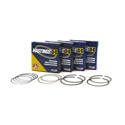 Std cyl. bore: 3.498" (88.85mm). 
1st ring: 1.6mm. 
2nd ring: 1.6mm. 
oil ring: 4.75mm. 


Tech tip: Piston grooves vs piston rings. 
It's not difficult to determine if a Hastings piston ring set will fit a certain piston. You should measure the height of the piston groove in the piston itself. The 2 top grooves will be for compression rings, the lower groove will be for the oil ring. In most cases Hastings oil rings are of the low tension 3-piece flex vent type. Ring heights are listed for reference. 
Tech tip: Piston oversizes. 
For each oversize cylinder diameter will increase with .010" (0.254mm). The standard bore of the cylinder is listed for reference. 
(Tech tip information provided by Hastings Manufacturing Company, Inc.)