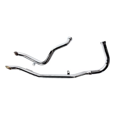 Chrome. S-pipe. Rigid frame. Kickstart. 1-3/4" head pipes with a gooseneck end. The rear pipe first goes down, close over the transmission, before becoming upswept. Heatshield rear 903399. 
Note: Heatshields must be ordered separately when required. When heatshields are not mentioned they are not available. 
Note: The S-pipe system has a 2-piece front header, like OEM, which is flattened to fit between engine and frame tube for improved ground clearance in right turns. May not fit custom rigid frames that are dimensionally different.