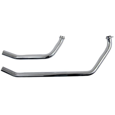 Chrome. 1 3/4" head pipes. If desired mufflers can be mounted. Rear pipe wraps close around the oil tank and becomes upswept. Kickstart or E-start with wrap-around oil tank. Rigid frame. Heatshield rear 903398. 
Note: The S-pipe system is a 2-piece front header, like OEM, which is flattened to fit between engine and frame tube for improved ground clearance in right turns.