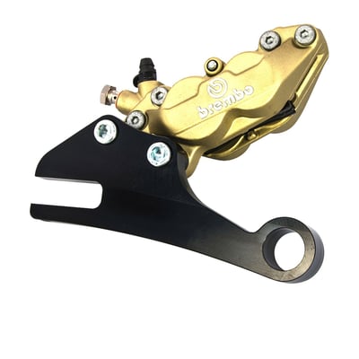 Lightweight Brembo caliper kit. Direct replacement for the 08-12 XR1200 Sportster. Available in a two or four-piston version. Comes with a CNC machined billet aluminum Free Spirits bracket with a black anodized finish and a Brembo brake caliper with a gold anodized finish.  
Note: Stock brake lines will not fit.