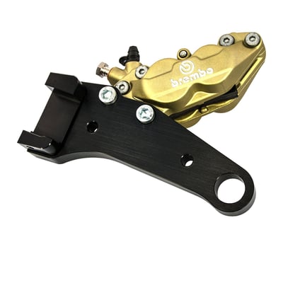 Black bracket with gold anodized 4-p Brembo caliper.