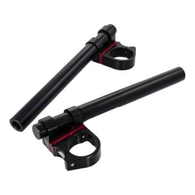 Black anodized CNC machined aluminum. Installs by removing top triple tree or lowering the fork tubes. Fits most bikes that have 41mm diameter fork tubes. With built-in 8 degree angle in the clamp. 1" diameter tubing, dimpled for compatibility with stock style 82-up style controls. Without approval.  
Note: Check your local MCS dealer or the MCS sales department for exact type of approval and validity on bike model and years on the test report.