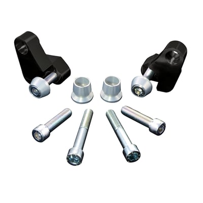 Black anodized aluminum. The tail riser blocks mounts between frame and top of rear shock. Increases shock absorber length, and lifts the bike 60mm (1.52"). Black aluminum, complete with hardware.
Note: Increases nimble handling characteristics, decreases trail and straight line stability.