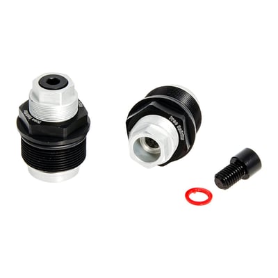Fits 39mm fork tubes. Black anodized aluminum. Replaces the stock fork tube plugs. The large pre-load plug is adjusted with a regular 35mm socket head and gives 8mm pre-load adjustability on the fork spring. An additional allen head bolt is used in the center of the pre-load plug, to make changing fork-oil quick & easy, without the need to remove the fork tube plugs.