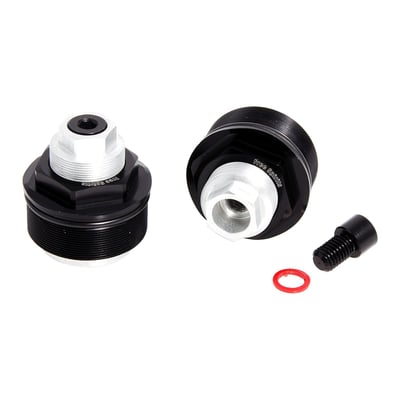 Fits 41mm fork tubes. Black anodized aluminum. Replaces the stock fork tube plugs. The large pre-load plug is adjusted with a regular 35mm socket head and gives 8mm pre-load adjustability on the fork spring. An additional allen head bolt is used in the center of the pre-load plug, to make changing fork-oil quick & easy, without the need to remove the fork tube plugs.