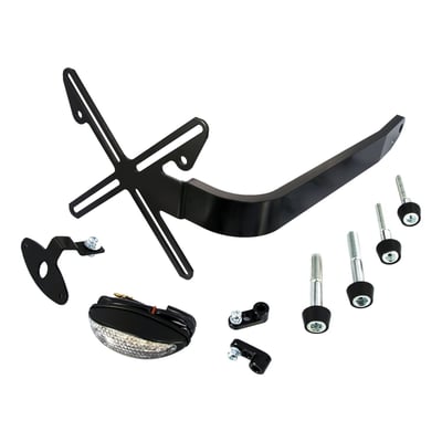 Used to install the license plate behind the rear tire. Kit includes a complete taillight set-up with nothing else required. The black anodized CNC machined aluminum mounting bracket installs directly to the bottom shock absorber bolt. Complete with license plate bracket (175x175mm Italian size), a miniature ECE approved LED taillight, turn signal brackets and required installation hardware. 
Note: Turn signals are not included. Any M8 threaded turn signal will fit. 
Note: Installation will require cutting rear fender.