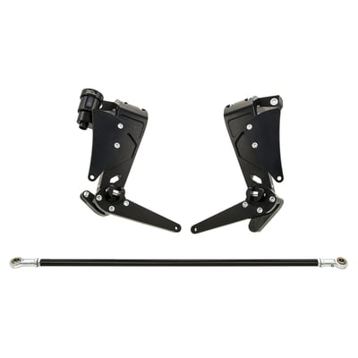 Black anodized aluminum. This will move the rider's feet back... seriously far. Great for drag racing or cool looks or anything else where an extreme rear-set controls are required. Black anodized.
Note: Footpegs, shifter & brake pegs are not included but compatible with all regular custom H-D components. 
Note: OEM footpegs can be re-used if desired, or custom foot, brake and shift peg ordered separately. 
Note: Brake line must be custom fabricated for correct length. 
Note: Passenger pegs can no longer be used.