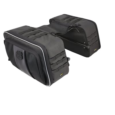 Approx. dimensions: 13" (33cm) long x 5.25" (13.3cm) wide x 8.5" (21.6cm) high. Capacity approx. 9.5 liter per side. Manufactured from Industry leading UltraMax® fabric and offers a maximum UV protection against fading. Includes custom fender strut mount brackets. Will mount securely to most Softail, Dyna models and many other models. Note that some models may need taillight/turn signal relocation when installing saddlebags. Equipped with an adjustable self-fastening detachable yoke. The rigid construction has a light gray lined interior, an outer pocket with internal elastic straps and lockable zippers to help keep it where you want it. Reflective piping is used for enhanced night time visibility. Includes 100% Waterproof rain covers. 
Note: Some models may need taillight/turn signal relocation when installing saddlebags.