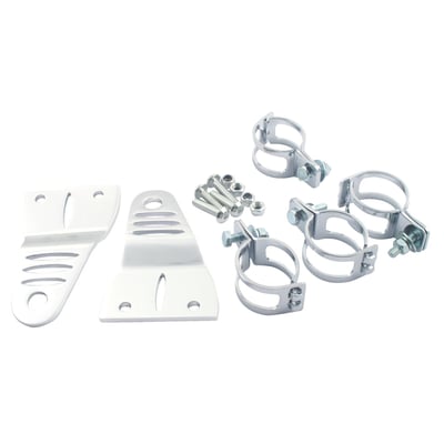 For 31-34mm fork tube diameter. 
Chrome plated steel fork tube clamps, fits fork tubes with diameters as indicated. 
Clear finished aluminum slotted brackets.