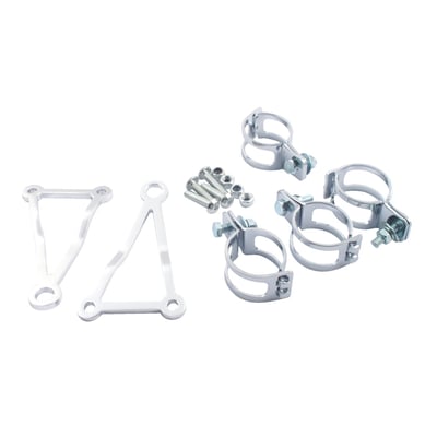 Fork tube clamps are chrome plated steel and will fit fork tubes with diameters as indicated.
Brackets are aluminum with a polished finish.