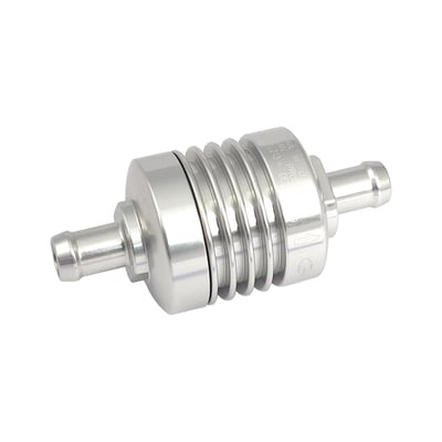 The filter elements are designed for use in the aerospace industry and is made of pleated 304 stainless steel with a filtering capacity of 10 micron on a total of 4 square inches of effective filtration area. 
It will flow 6 gallons per minute with the least possible restriction. Washable and indefinite re-useable. Filter housing is aluminum with a durable anodized finish. 
Dimensions 1.375"ø x 1.750" (34.93mm x 44.5mm). 
Fittings not included