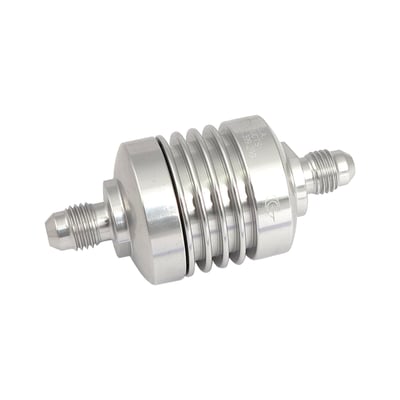 The filter elements are designed for use in the aerospace industry and is made of pleated 304 stainless steel with a filtering capacity of 10 micron on a total of 4 square inches of effective filtration area. 
It will flow 6 gallons per minute with the least possible restriction. Washable and indefinite re-useable. Filter housing is aluminum with a durable anodized finish. 
Dimensions 1.375"ø x 1.750" (34.93mm x 44.5mm). 
Fittings not included