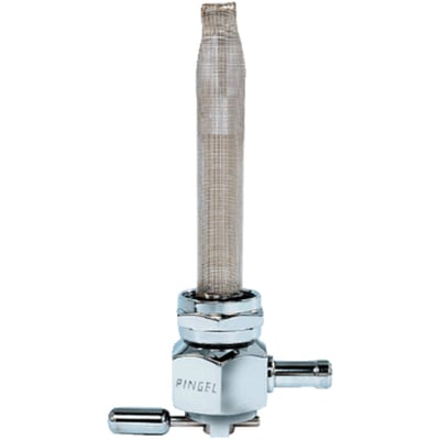 Polished aluminum; 3/8 NPT threaded; 5/16 (8mm) fuel hose; left outlet. 
If you need a petcock that is made without compromises, you'll want a Pingel. Pingel petcocks are world famous for their gas guzzling capabilities and if you think you don't need a high flow petcock... think again. With a regular petcock, when traveling at high speed, even with a stock engine, it can happen that your bike uses more fuel than a regular petcock can deliver. The engine sucks the float bowl dry, literally starving the engine. With High Performance Big Inch motors the problem increases. Pingel petcocks can supply the amount of fuel your engine needs to perform.