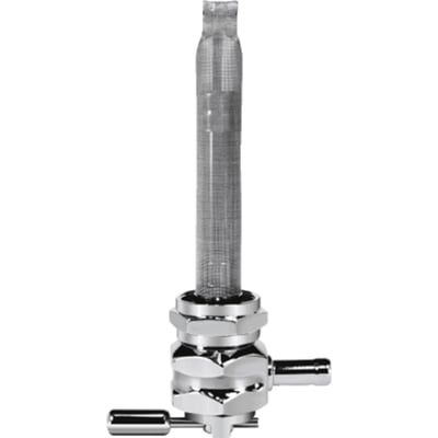 22mm & nut; 5/16 (8mm) fuel hose; rear outlet. 
If you need a petcock that is made without compromises, you'll want a Pingel. Pingel petcocks are world famous for their gas guzzling capabilities and if you think you don't need a high flow petcock... think again. With a regular petcock, when traveling at high speed, even with a stock engine, it can happen that your bike uses more fuel than a regular petcock can deliver. The engine sucks the float bowl dry, literally starving the engine. With High Performance Big Inch motors the problem increases. Pingel petcocks can supply the amount of fuel your engine needs to perform.
Note: This petcock has a rear outlet. If you rotate the complete 'rear outlet' petcock 90 degrees, you can make the outlet point to the left or right and are still able to control the fuel valve handle. This makes a pretty universal set-up for future gas tanks where petcock location may be different.