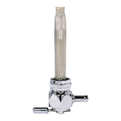 Chrome plated; 22mm & nut; 5/16 (8mm) fuel hose; rear outlet. 
If you need a petcock that is made without compromises, you'll want a Pingel. Pingel petcocks are world famous for their gas guzzling capabilities and if you think you don't need a high flow petcock... think again. With a regular petcock, when traveling at high speed, even with a stock engine, it can happen that your bike uses more fuel than a regular petcock can deliver. The engine sucks the float bowl dry, literally starving the engine. With High Performance Big Inch motors the problem increases. Pingel petcocks can supply the amount of fuel your engine needs to perform.
Note: This petcock has a rear outlet. If you rotate the complete 'rear outlet' petcock 90 degrees, you can make the outlet point to the left or right and are still able to control the fuel valve handle. This makes a pretty universal set-up for future gas tanks where petcock location may be different.