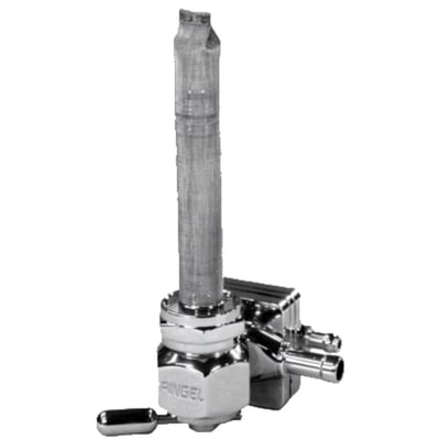 Chrome; 22mm & nut; 5/16 (8mm) fuel hose; 3/16 (4.8mm) vacuum hose; rear outlet. 
If you need a petcock that is made without compromises, you'll want a Pingel. Pingel petcocks are world famous for their gas guzzling capabilities and if you think you don't need a high flow petcock... think again. With a regular petcock, when traveling at high speed, even with a stock engine, it can happen that your bike uses more fuel than a regular petcock can deliver. The engine sucks the float bowl dry, literally starving the engine. With High Performance Big Inch motors the problem increases. Pingel petcocks can supply the amount of fuel your engine needs to perform.
Note: This petcock has a rear outlet. If you rotate the complete 'rear outlet' petcock 90 degrees, you can make the outlet point to the left or right and are still able to control the fuel valve handle. This makes a pretty universal set-up for future gas tanks where petcock location may be different.