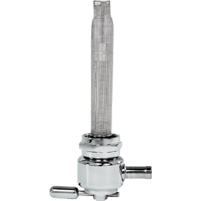 Chrome; 22mm & nut; 5/16 (8mm) fuel hose; rear outlet. 
If you need a petcock that is made without compromises, you'll want a Pingel. Pingel petcocks are world famous for their gas guzzling capabilities and if you think you don't need a high flow petcock... think again. With a regular petcock, when traveling at high speed, even with a stock engine, it can happen that your bike uses more fuel than a regular petcock can deliver. The engine sucks the float bowl dry, literally starving the engine. With High Performance Big Inch motors the problem increases. Pingel petcocks can supply the amount of fuel your engine needs to perform.
Note: This petcock has a rear outlet. If you rotate the complete 'rear outlet' petcock 90 degrees, you can make the outlet point to the left or right and are still able to control the fuel valve handle. This makes a pretty universal set-up for future gas tanks where petcock location may be different.