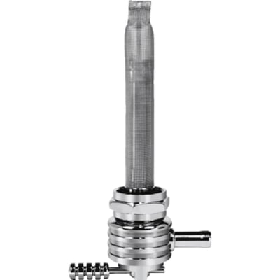 Chrome plated; 22mm & nut; 5/16 (8mm) fuel hose; rear outlet. 
If you need a petcock that is made without compromises, you'll want a Pingel. Pingel petcocks are world famous for their gas guzzling capabilities and if you think you don't need a high flow petcock... think again. With a regular petcock, when traveling at high speed, even with a stock engine, it can happen that your bike uses more fuel than a regular petcock can deliver. The engine sucks the float bowl dry, literally starving the engine. With High Performance Big Inch motors the problem increases. Pingel petcocks can supply the amount of fuel your engine needs to perform.
Note: This petcock has a rear outlet. If you rotate the complete 'rear outlet' petcock 90 degrees, you can make the outlet point to the left or right and are still able to control the fuel valve handle. This makes a pretty universal set-up for future gas tanks where petcock location may be different.