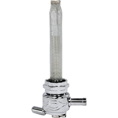 Flame design. 
Chrome plated; 22mm & nut; 5/16 (8mm) fuel hose; rear outlet. 
If you need a petcock that is made without compromises, you'll want a Pingel. Pingel petcocks are world famous for their gas guzzling capabilities and if you think you don't need a high flow petcock... think again. With a regular petcock, when traveling at high speed, even with a stock engine, it can happen that your bike uses more fuel than a regular petcock can deliver. The engine sucks the float bowl dry, literally starving the engine. With High Performance Big Inch motors the problem increases. Pingel petcocks can supply the amount of fuel your engine needs to perform.
Note: This petcock has a rear outlet. If you rotate the complete 'rear outlet' petcock 90 degrees, you can make the outlet point to the left or right and are still able to control the fuel valve handle. This makes a pretty universal set-up for future gas tanks where petcock location may be different.