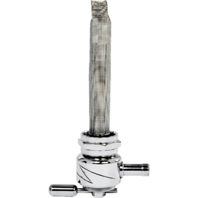 Lightning bolt design. 
Chrome plated; 22mm & nut; 5/16 (8mm) fuel hose; right outlet. 
If you need a petcock that is made without compromises, you'll want a Pingel. Pingel petcocks are world famous for their gas guzzling capabilities and if you think you don't need a high flow petcock... think again. With a regular petcock, when traveling at high speed, even with a stock engine, it can happen that your bike uses more fuel than a regular petcock can deliver. The engine sucks the float bowl dry, literally starving the engine. With High Performance Big Inch motors the problem increases. Pingel petcocks can supply the amount of fuel your engine needs to perform.