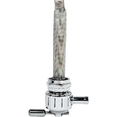 Chrome plated; 22mm & nut; 5/16 (8mm) fuel hose; left outlet. 
If you need a petcock that is made without compromises, you'll want a Pingel. Pingel petcocks are world famous for their gas guzzling capabilities and if you think you don't need a high flow petcock... think again. With a regular petcock, when traveling at high speed, even with a stock engine, it can happen that your bike uses more fuel than a regular petcock can deliver. The engine sucks the float bowl dry, literally starving the engine. With High Performance Big Inch motors the problem increases. Pingel petcocks can supply the amount of fuel your engine needs to perform.