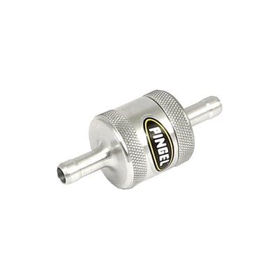 Machined aluminum finish. For 5/16 (8mm) fuel hose. This is a high flow aluminum fuel filter, capable of keeping up with the volume that a Pingel petcock can flow. Comes with a cleanable 40 micron bronze filter element. 
Note: See 914461 for the replacement bronze filter element. 
Note: Endorsed by S&S Cycle