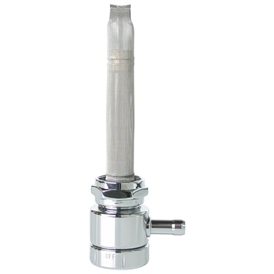 Chrome; 22mm & nut; 5/16 (8mm) fuel hose; With special 360 degree rotating knob instead of a lever, allowing you to point the fuel outlet to any direction you prefer. 
If you need a petcock that is made without compromises, you'll want a Pingel. Pingel petcocks are world famous for their gas guzzling capabilities and if you think you don't need a high flow petcock... think again. With a regular petcock, when traveling at high speed, even with a stock engine, it can happen that your bike uses more fuel than a regular petcock can deliver. The engine sucks the float bowl dry, literally starving the engine. With High Performance Big Inch motors the problem increases. Pingel petcocks can supply the amount of fuel your engine needs to perform.