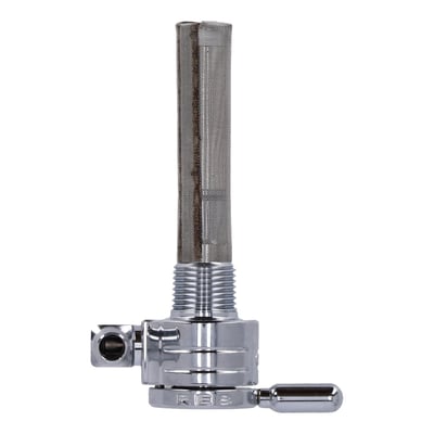 Forward outlet. 
Constructed from 360 brass with stainless steel ball bearings to eliminate rough, sticky or even frozen valve action. Between on, reserve and off. A special, easy to feel, detent will keep the fuel selector from accidental shifting from motor vibrations. Large 180 degree between on and reserve position for safety. 
O-ring seating will secure the fuel valve from leaking. Flowrate approx. 112 oz (3175 gram) per minute. Comes with a 5/16" fuel hose connection.