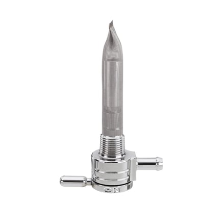 Backward outlet. 
Constructed from 360 brass with stainless steel ball bearings to eliminate rough, sticky or even frozen valve action. Between on, reserve and off. A special, easy to feel, detent will keep the fuel selector from accidental shifting from motor vibrations. Large 180 degree between on and reserve position for safety. 
O-ring seating will secure the fuel valve from leaking. Flowrate approx. 112 oz (3175 gram) per minute. Comes with a 5/16" fuel hose connection.