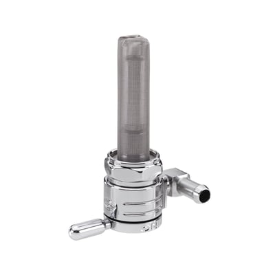 Backward outlet. 
Constructed from 360 brass with stainless steel ball bearings to eliminate rough, sticky or even frozen valve action. Between on, reserve and off. A special, easy to feel, detent will keep the fuel selector from accidental shifting from motor vibrations. Large 180 degree between on and reserve position for safety. 
O-ring seating will secure the fuel valve from leaking. Flowrate approx. 112 oz (3175 gram) per minute. Comes with a 5/16" fuel hose connection.