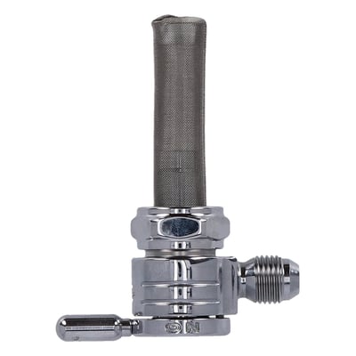 Straight outlet with 6-AN fuel fitting. 
Constructed from 360 brass with stainless steel ball bearings to eliminate rough, sticky or even frozen valve action. Between on, reserve and off. A special, easy to feel, detent will keep the fuel selector from accidental shifting from motor vibrations. Large 180 degree between on and reserve position for safety. 
O-ring seating will secure the fuel valve from leaking. Flowrate approx. 112 oz (3175 gram) per minute. Comes with a 5/16" fuel hose connection.