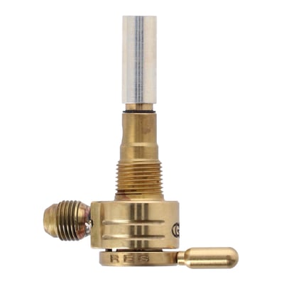 Straight outlet with 6-AN fuel fitting. 
Constructed from 360 brass with stainless steel ball bearings to eliminate rough, sticky or even frozen valve action. Between on, reserve and off. A special, easy to feel, detent will keep the fuel selector from accidental shifting from motor vibrations. Large 180 degree between on and reserve position for safety. 
O-ring seating will secure the fuel valve from leaking. Flowrate approx. 112 oz (3175 gram) per minute. Comes with a 5/16" fuel hose connection.