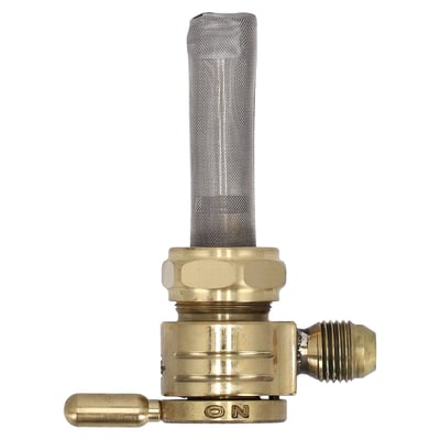 Straight outlet with 6-AN fuel fitting. 
Constructed from 360 brass with stainless steel ball bearings to eliminate rough, sticky or even frozen valve action. Between on, reserve and off. A special, easy to feel, detent will keep the fuel selector from accidental shifting from motor vibrations. Large 180 degree between on and reserve position for safety. 
O-ring seating will secure the fuel valve from leaking. Flowrate approx. 112 oz (3175 gram) per minute. Comes with a 5/16" fuel hose connection.