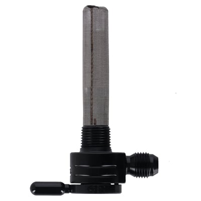 Straight outlet with 6-AN fuel fitting. 
Constructed from 360 brass with stainless steel ball bearings to eliminate rough, sticky or even frozen valve action. Between on, reserve and off. A special, easy to feel, detent will keep the fuel selector from accidental shifting from motor vibrations. Large 180 degree between on and reserve position for safety. 
O-ring seating will secure the fuel valve from leaking. Flowrate approx. 112 oz (3175 gram) per minute. Comes with a 5/16" fuel hose connection.