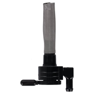 Downward outlet. 
Constructed from 360 brass with stainless steel ball bearings to eliminate rough, sticky or even frozen valve action. Between on, reserve and off. A special, easy to feel, detent will keep the fuel selector from accidental shifting from motor vibrations. Large 180 degree between on and reserve position for safety. 
O-ring seating will secure the fuel valve from leaking. Flowrate approx. 112 oz (3175 gram) per minute. Comes with a 5/16" fuel hose connection.