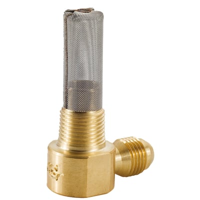 06-AN hose fitting; side outlet. 
These brass fittings will take a minimum of space, enabling you to connect your fuel line to the gas tank, when a regular petcock just won't fit.
Can be used in combination with the Golan Gas Tank Selector or with an in-line fuel valve.