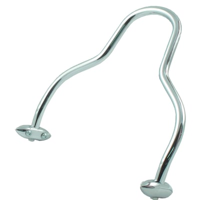 Chrome. Fits 13.5" (34.3cm) wide fender struts. Short 'Passenger grab rail' style. Designed for wide tire fenders with internal support struts for the required strength. Bullet shaped lower supports mount to the struts. The upper section mounts to the lower supports and bolts-in from the bottom, so hardware does not show.