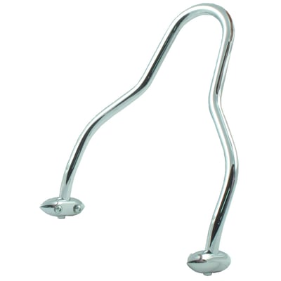 Chrome. Fits 10.5" (26.7cm) wide fender struts. Short 'Passenger grab rail' style. Designed for wide tire fenders with internal support struts for the required strength. Bullet shaped lower supports mount to the struts. The upper section mounts to the lower supports and bolts-in from the bottom, so hardware does not show.